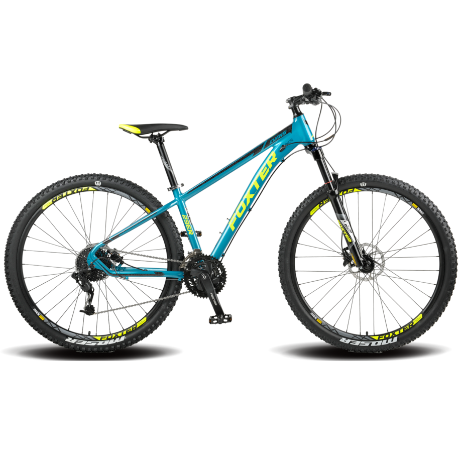 Bicicleta Mtb Foxter Evans 17 3X9 Frenos Hidráulicos 29Er (Celeste/Amarillo)